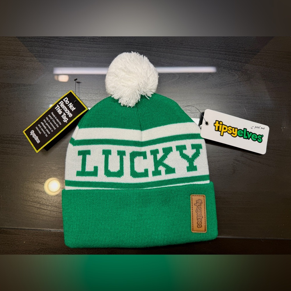 Tipsy Elves Green and White 'LUCKY' Beanie